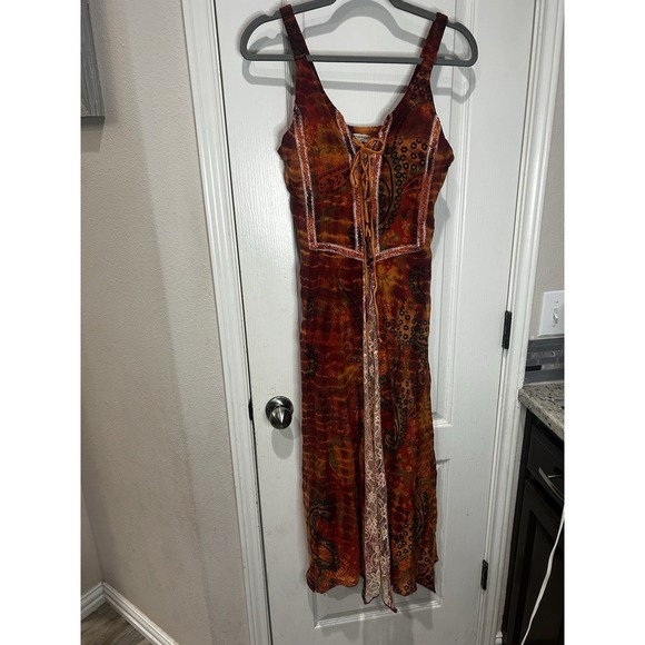 EARTHBOUND Dresses & Skirts - Earthbound Trading Orange Tie Dye Lace Fairy Dress M Renaissance Boho Festival